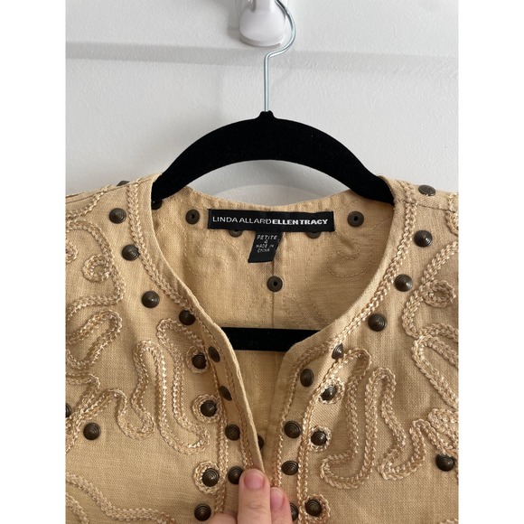 Linda Allard Ellen Tracy Tan Embroidered Studded Open Front Jacket Petite 4 - Picture 4 of 10
